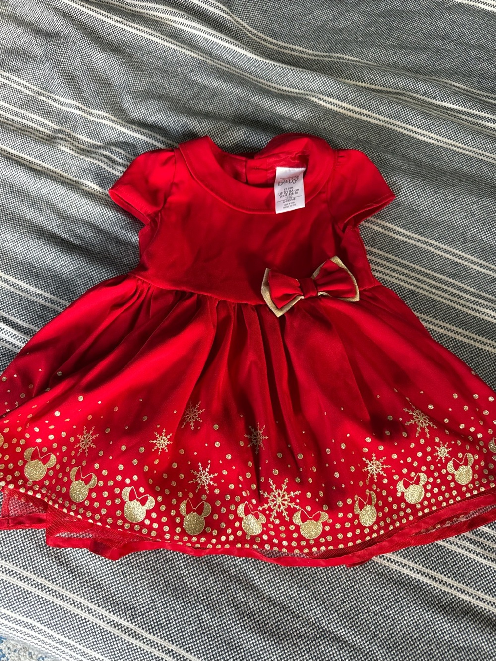 Disney Baby Red Holiday Bow Dress for Girls with gold Mickey accents 12-18m